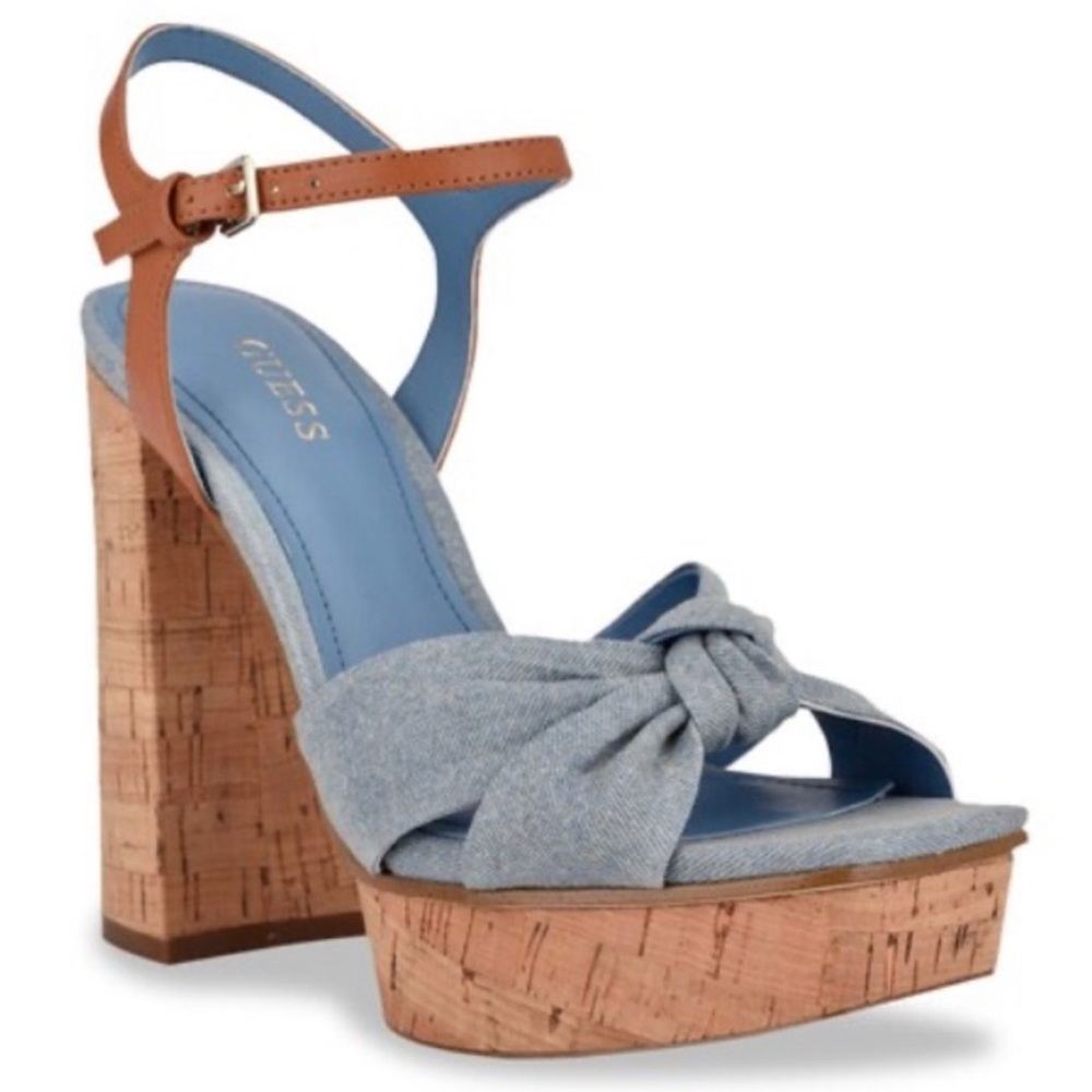 Guess - Denim, Brown and cork platform heels